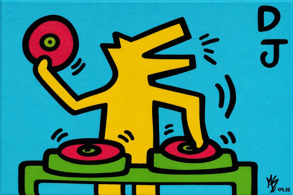 Peinture de Marie Serfati : personnage jaune aux platines sur fond turquoise