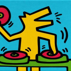 Peinture de Marie Serfati : personnage jaune aux platines sur fond turquoise
