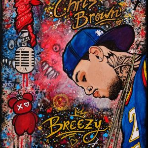 Peinture de Marie Serfati : portrait avec inscriptions Chris Brown et Breezy sur fond multicolore