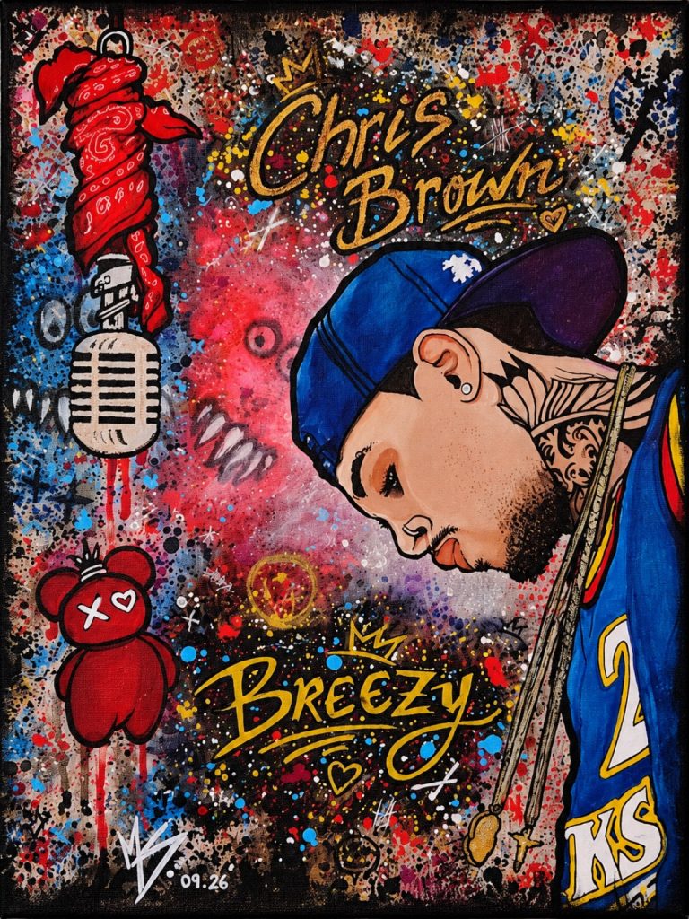 Peinture de Marie Serfati : portrait avec inscriptions Chris Brown et Breezy sur fond multicolore